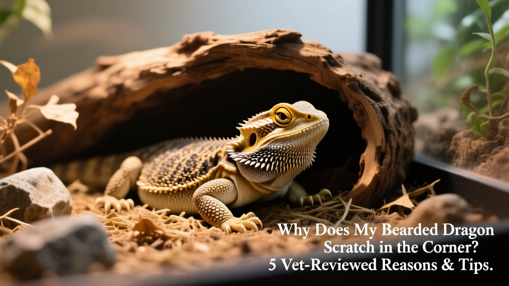 Bearded dragon resting peacefully inside a naturalistic hide with soft substrate and ambient lighting