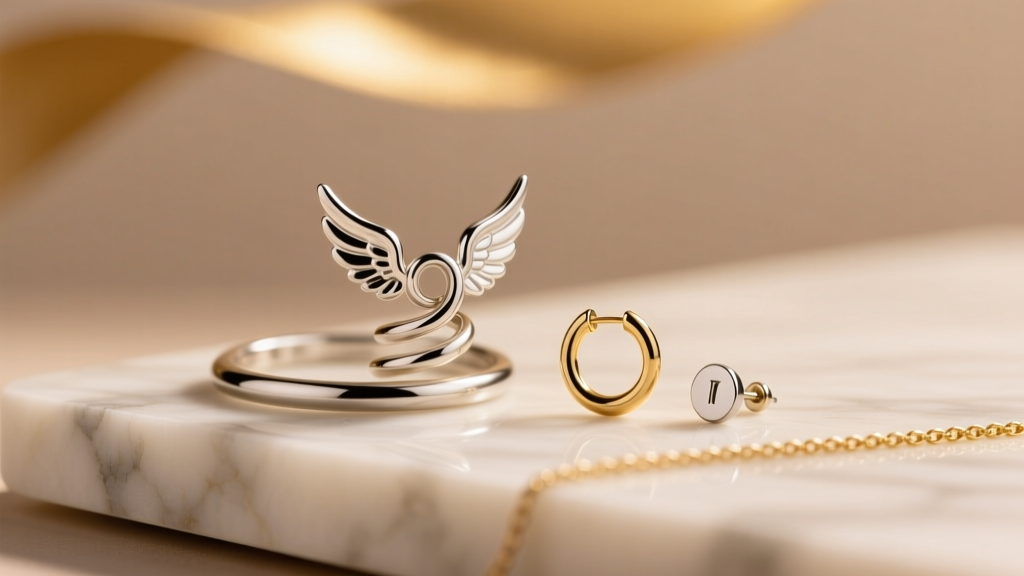 Curated ear stack with a silver angel wing helix cuff, small huggie hoop, and lobe stud, warm golden lighting, lifestyle photo