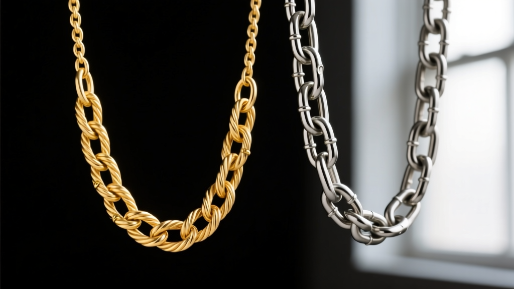 Macro photography comparing a delicate 18k gold rope chain and a thick stainless steel curb chain, highlighting link soldering.