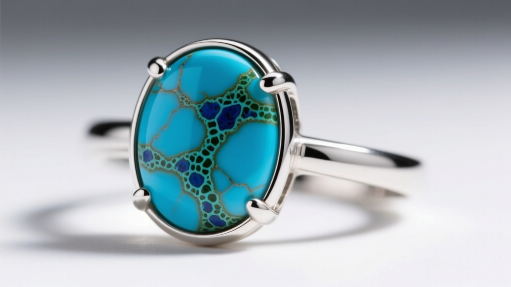 Macro shot of a James Avery sterling silver ring featuring a porous blue turquoise cabochon stone, highlighting the matrix veining.