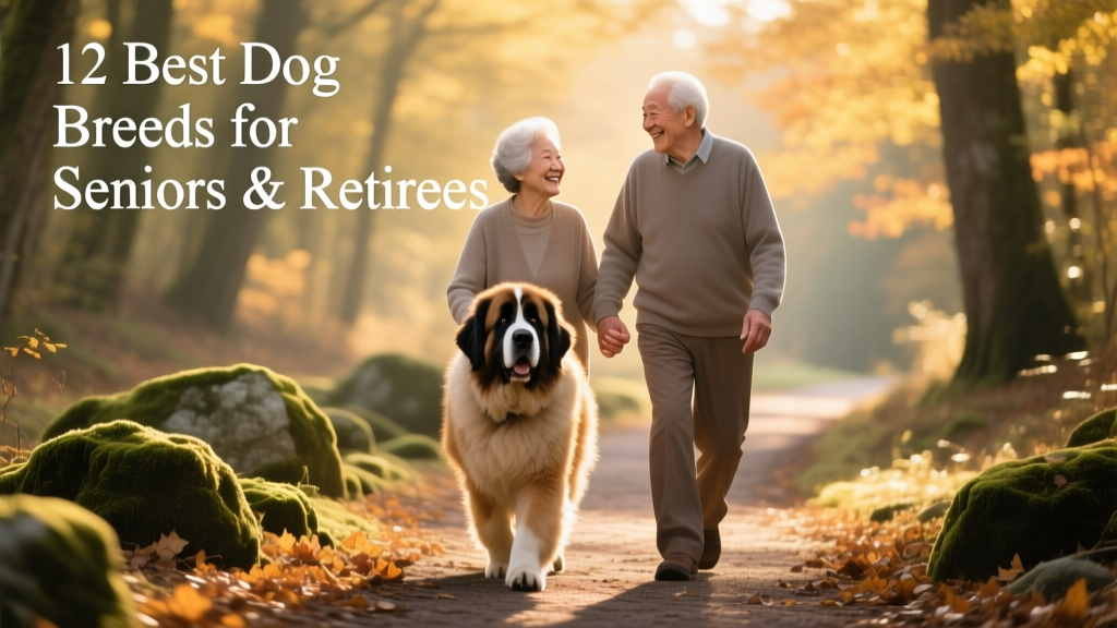 A smiling senior couple walking side-by-side with a gentle, large Newfoundland on a sunlit forest path