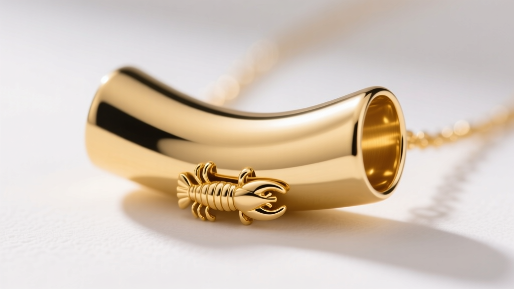 Macro close-up of a polished 14k yellow gold macaroni pendant showing seamless tube curvature and a secure gold lobster clasp