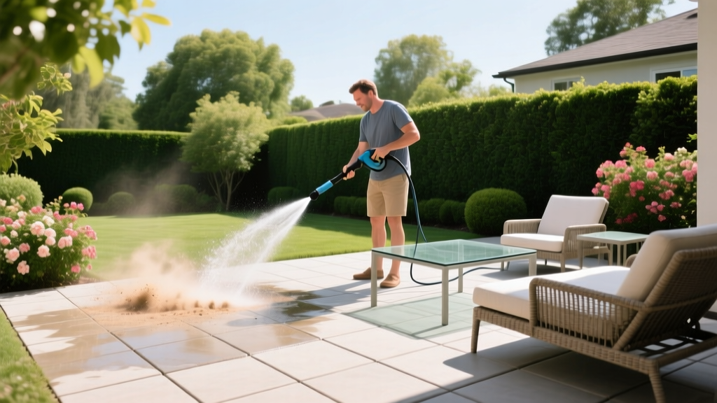 Homeowner pressure washing interlocking concrete pavers on a sunny backyard patio with outdoor furniture and lush green landscaping nearby