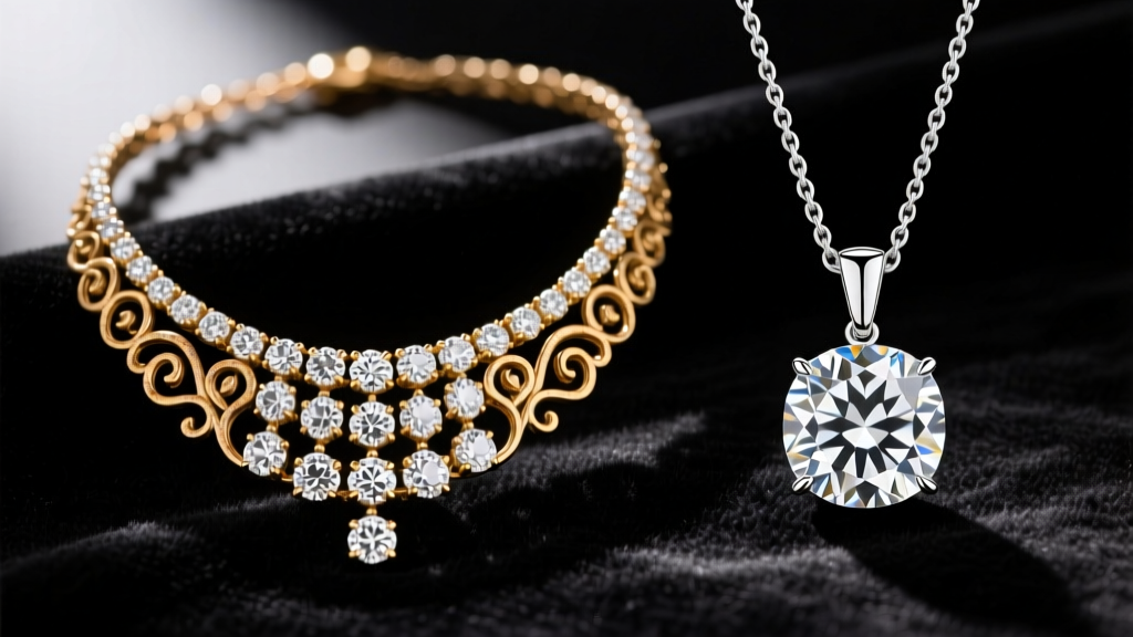 Side-by-side view of a vintage-inspired Neil Lane diamond cluster necklace and a modern 82-facet Leo Diamond solitaire pendant.