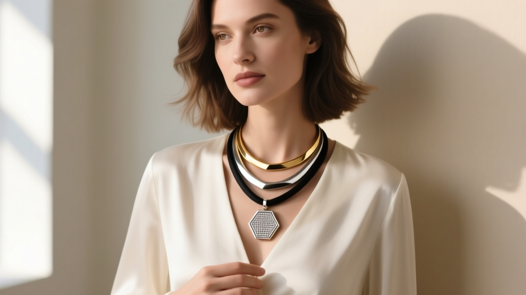 Woman in a V-neck blouse styling a mixed-metal 3 strand necklace, showing cascading lengths and a geometric pendant focal point