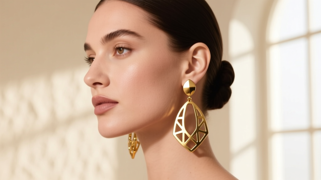 Model wearing gold-plated brass Chloe Daria drop earrings with geometric cutouts against a warm cream studio background.
