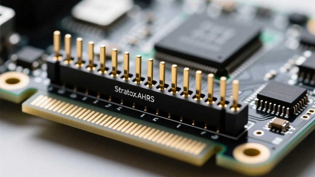 Close-up of GPIO header alignment showing the Stratux AHRS sensor board securely seated on the Raspberry Pi 4 Model B pins.