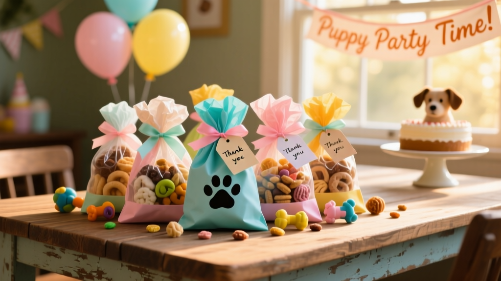 A collection of colorful doggie bags filled with treats, tiny toys, and a paw-print thank-you tag, arranged on a wooden table
