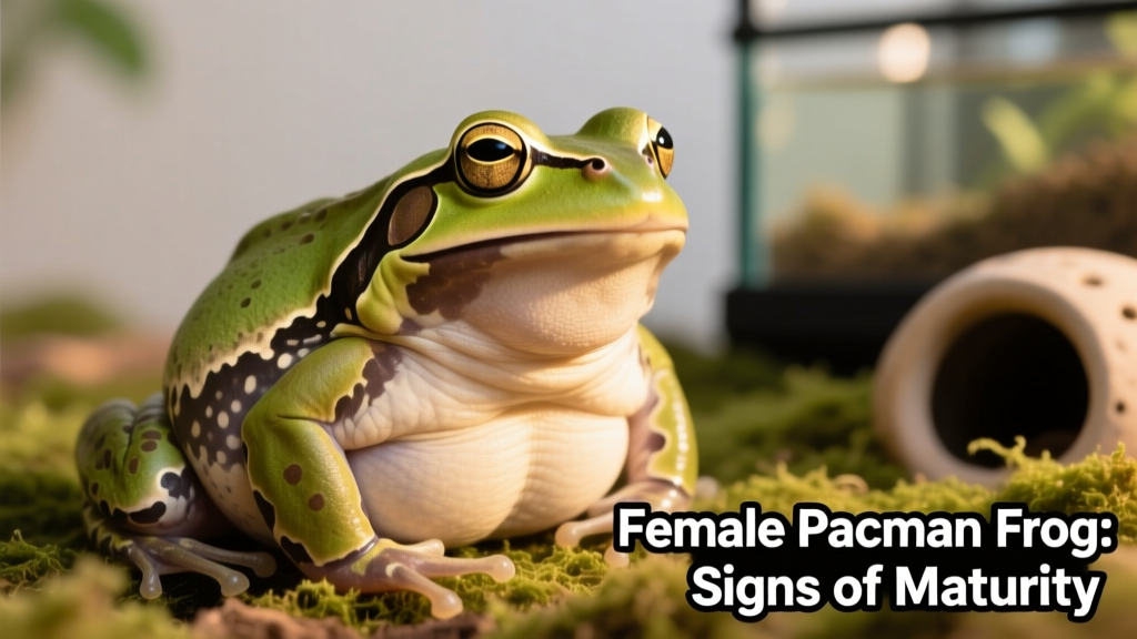 Close-up of a healthy adult female Pacman frog with visible abdominal swelling indicating mature follicles