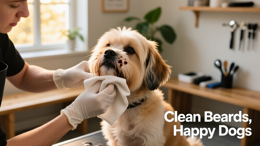 Groomer gently wiping a dog’s muzzle with a soft, damp cloth during a grooming session