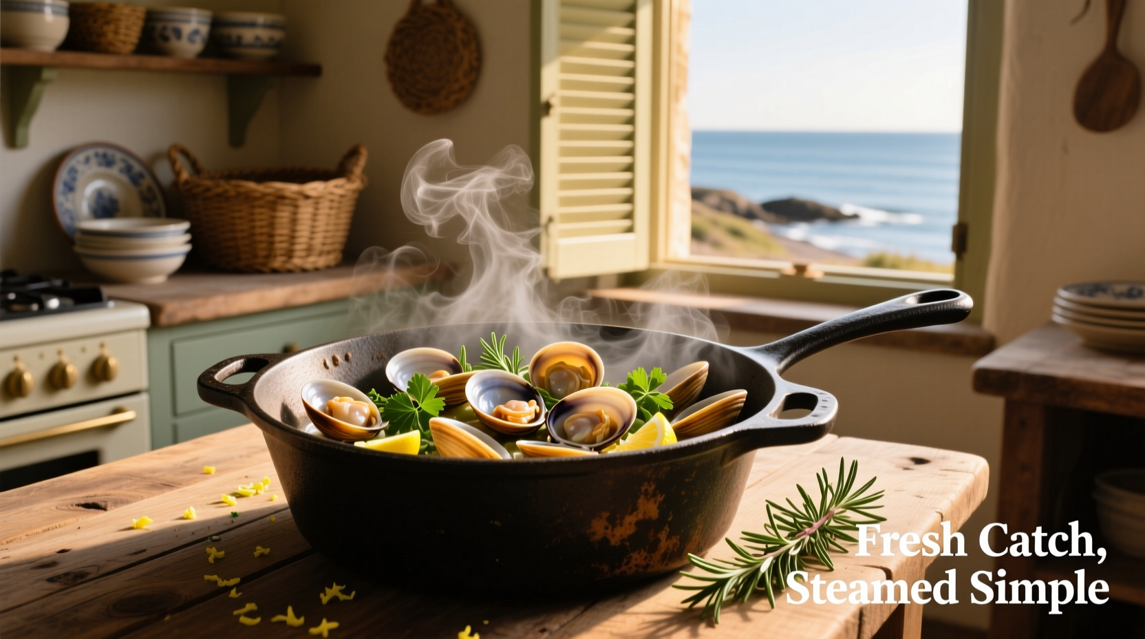 Fresh clam steamers in a steaming pot with herbs