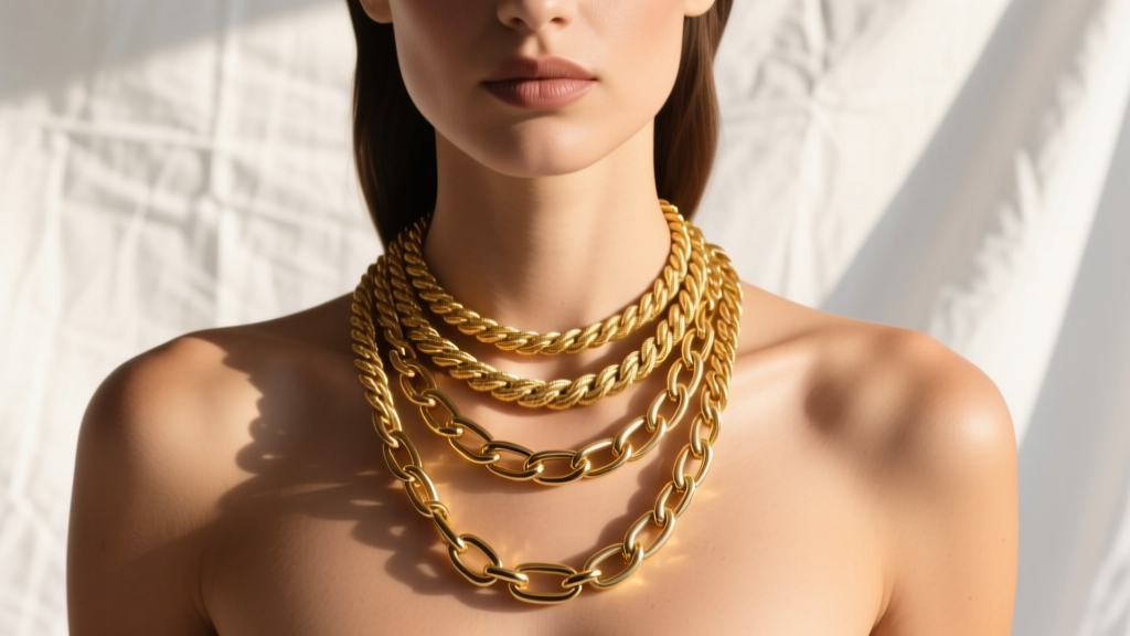 Model wearing layered Italian gold chains, featuring a rope and mariner link, against a white linen backdrop in warm sunlight.