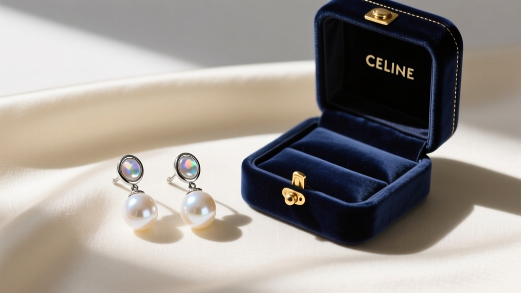Flat lay of authentic Celine Triomphe glass pearl drop earrings resting on cream silk fabric next to a branded velvet jewelry box