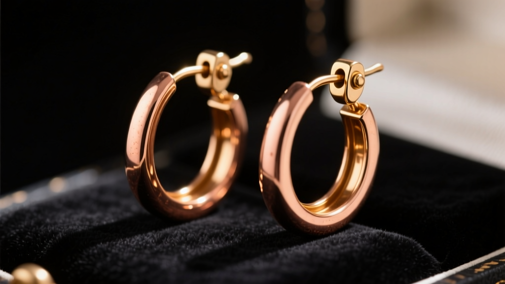 Macro shot of 1940s 14k rose gold vintage hoop earrings on dark velvet, highlighting the hinged clasp and warm copper patina