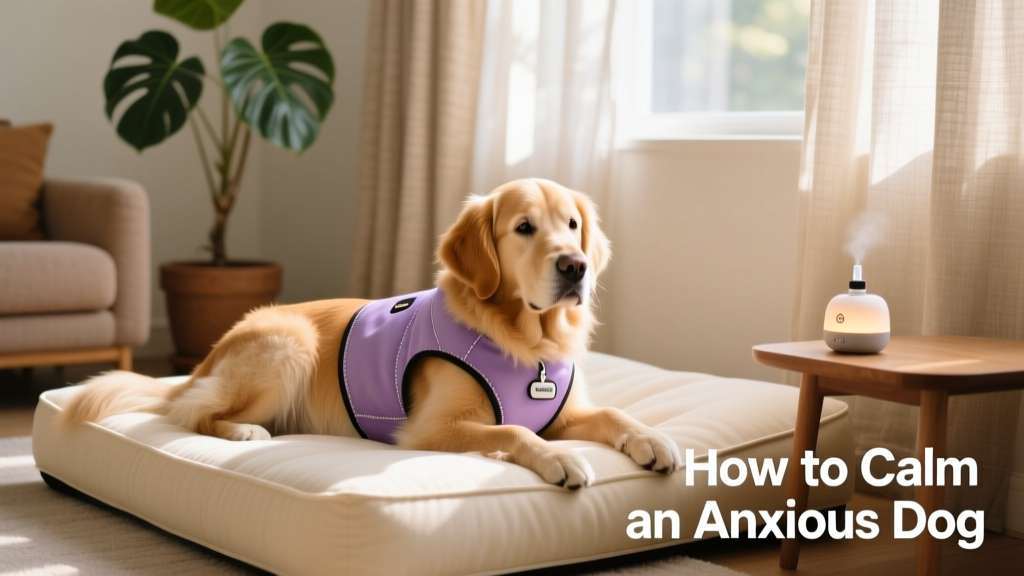 A calm dog resting peacefully on a soft bed with a calming vest and a pheromone diffuser nearby