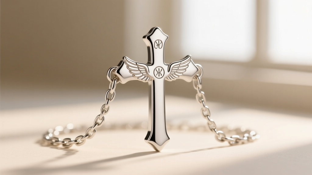 Macro shot of a platinum cross with wings clasp, showing the hallmark stamp and polished links on a soft, neutral backdrop.