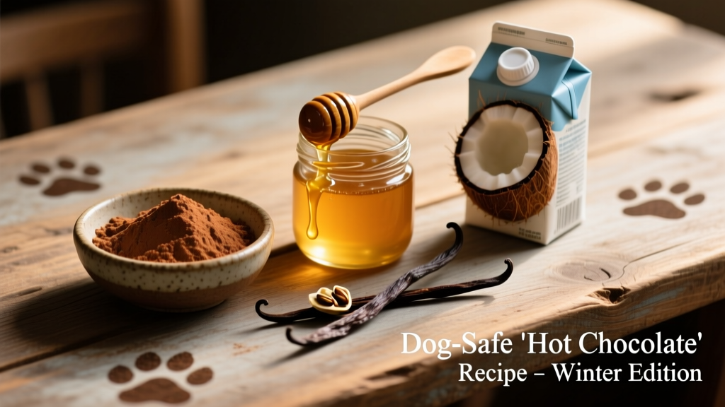 Close-up of ingredients laid out neatly: carob powder, honey, vanilla, and coconut milk carton