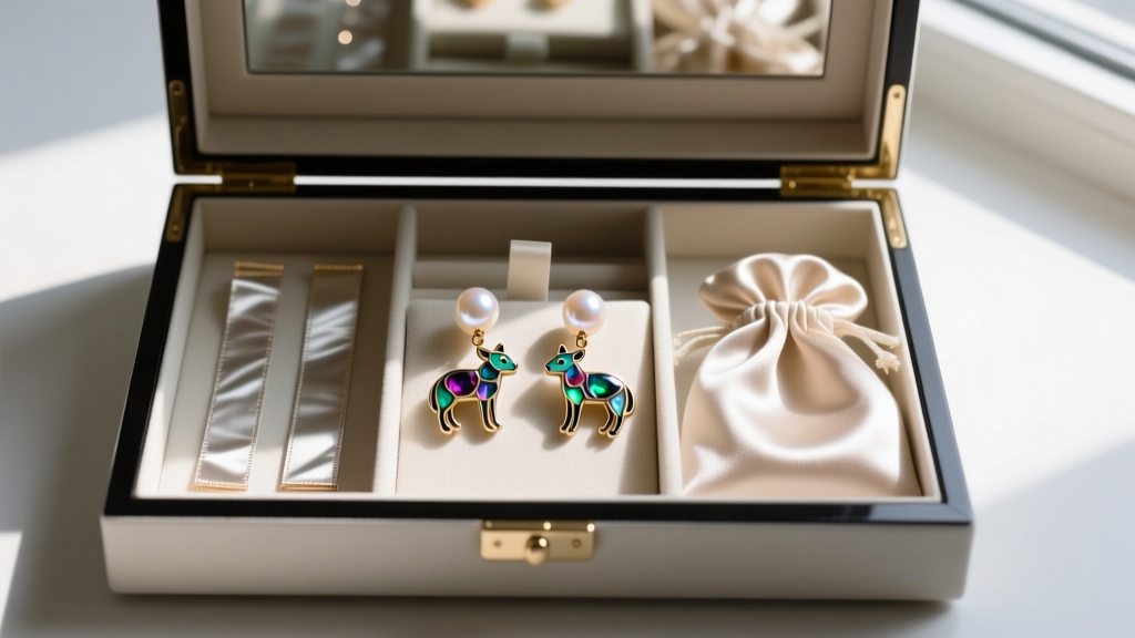 Open jewelry box showing anti-tarnish strips and silk pouches protecting delicate enamel and pearl animal motif drop earrings.
