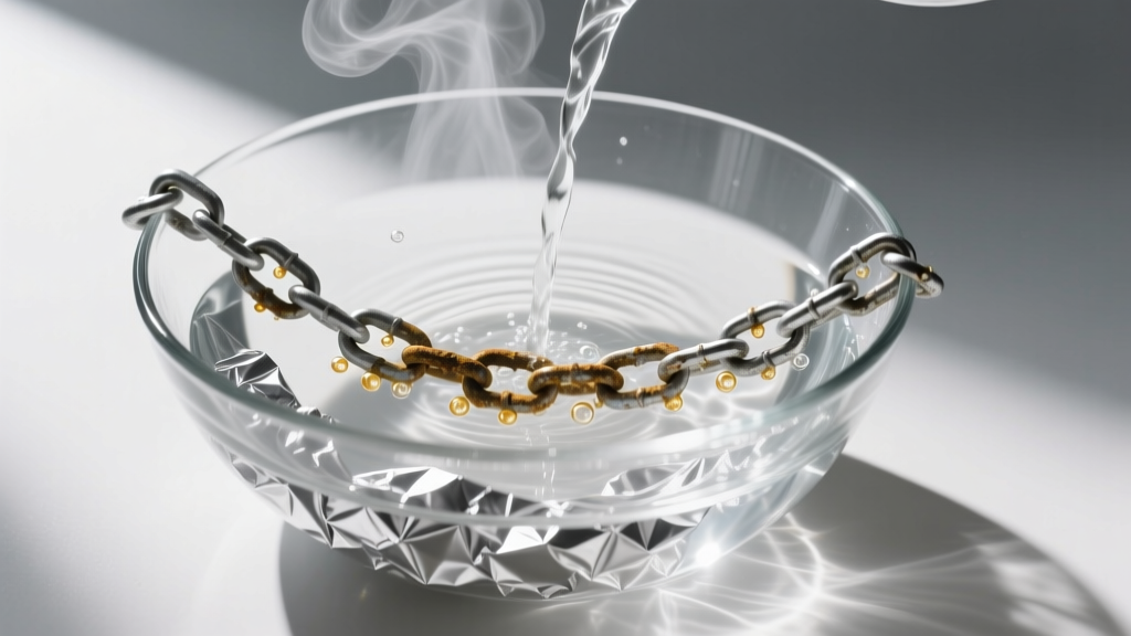 Overhead view of a glass bowl lined with aluminum foil, hot water, and a tarnished silver chain undergoing electrochemical cleaning.