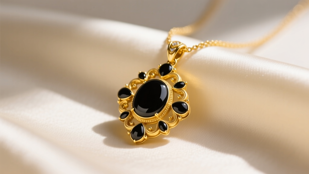 Close-up of a yellow gold Vintage Alhambra necklace pendant featuring polished black onyx, resting on cream silk fabric.