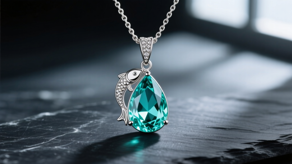Macro photography of a delicate platinum pisces necklace pendant featuring a pear-cut aquamarine gemstone resting on dark slate