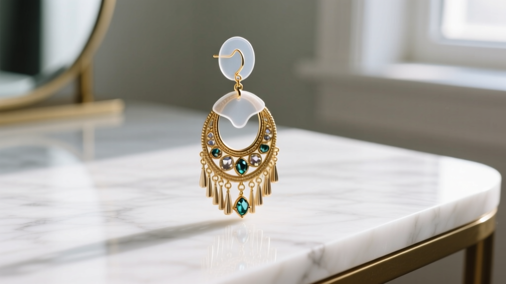 Macro shot of clear silicone support patch applied to a heavy gold boho drop earring on a white marble bridal vanity table
