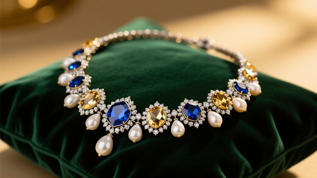 Uncut Polki diamond and pearl necklace inspired by the Nizam of Hyderabad, resting on dark emerald velvet under warm lighting.