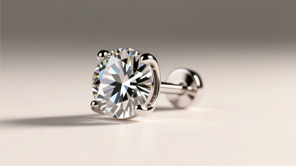 Macro shot of a round brilliant diamond stud earring in a platinum martini setting under soft, directional studio lighting.