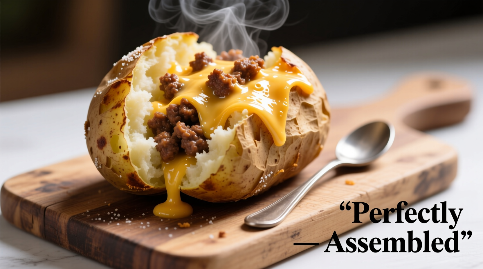 Perfectly assembled ground beef baked potato with melted cheese