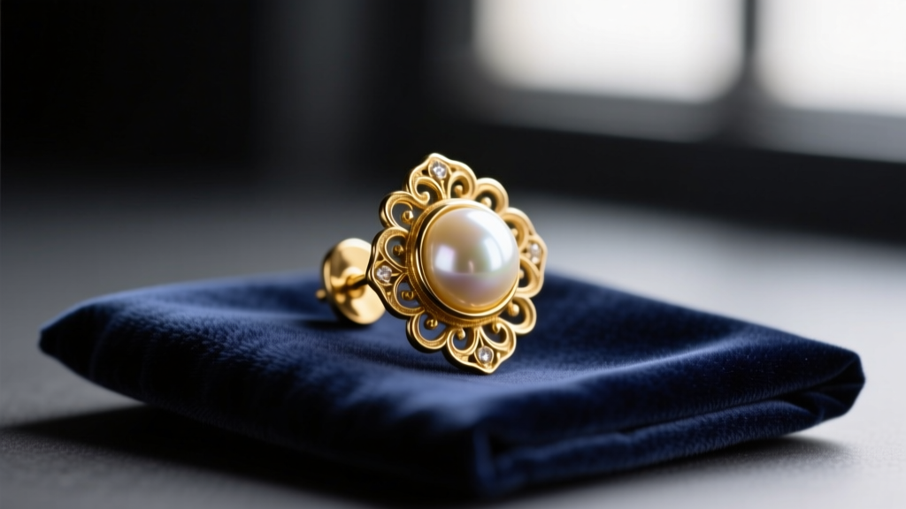Close-up of a vintage 1950s gold-plated clip-on earring with a faux pearl center, resting on a dark velvet jewelry cleaning cloth