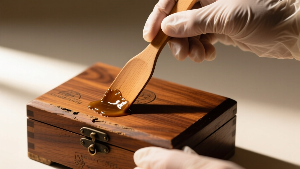 Hands in nitrile gloves using wooden spatula to gently lift stubborn adhesive residue from bottom of an antique wooden ring box.