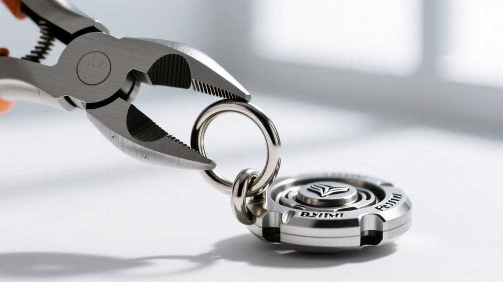 Close-up of jewelry pliers holding an 18-gauge stainless steel jump ring being attached to a heavy die-cast Beyblade metal bail.
