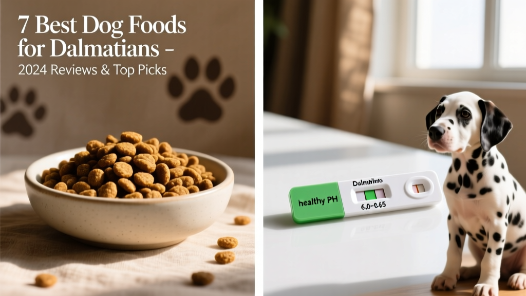 Side-by-side comparison of FurPetVo Dalmatian Adult kibble and a fresh Dalmatian urine sample test strip indicating healthy pH levels
