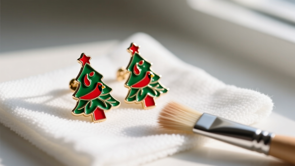 Close-up of red and green enamel Christmas tree stud earrings resting on a microfiber cleaning cloth with a soft brush nearby.