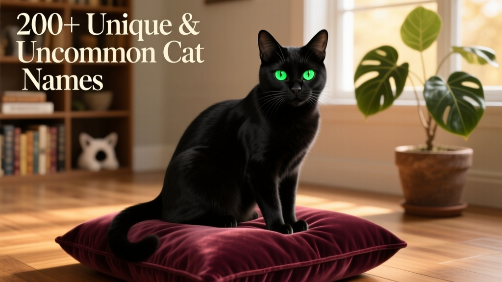A sleek black cat with luminous green eyes perched elegantly on a velvet cushion