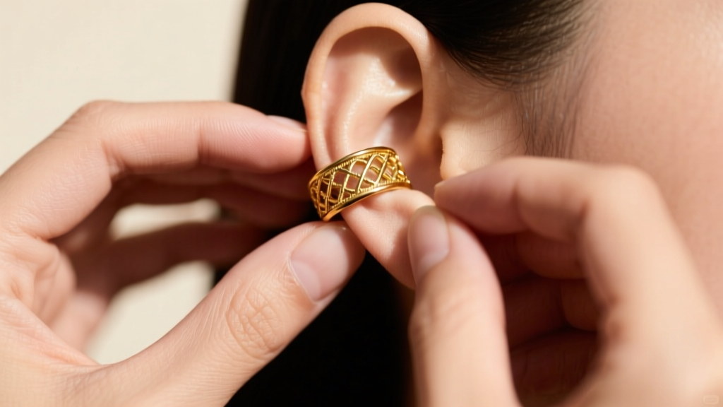 Macro shot of hands gently squeezing a 14k gold wrap-around ear cuff to adjust tension before placing it on the upper cartilage.