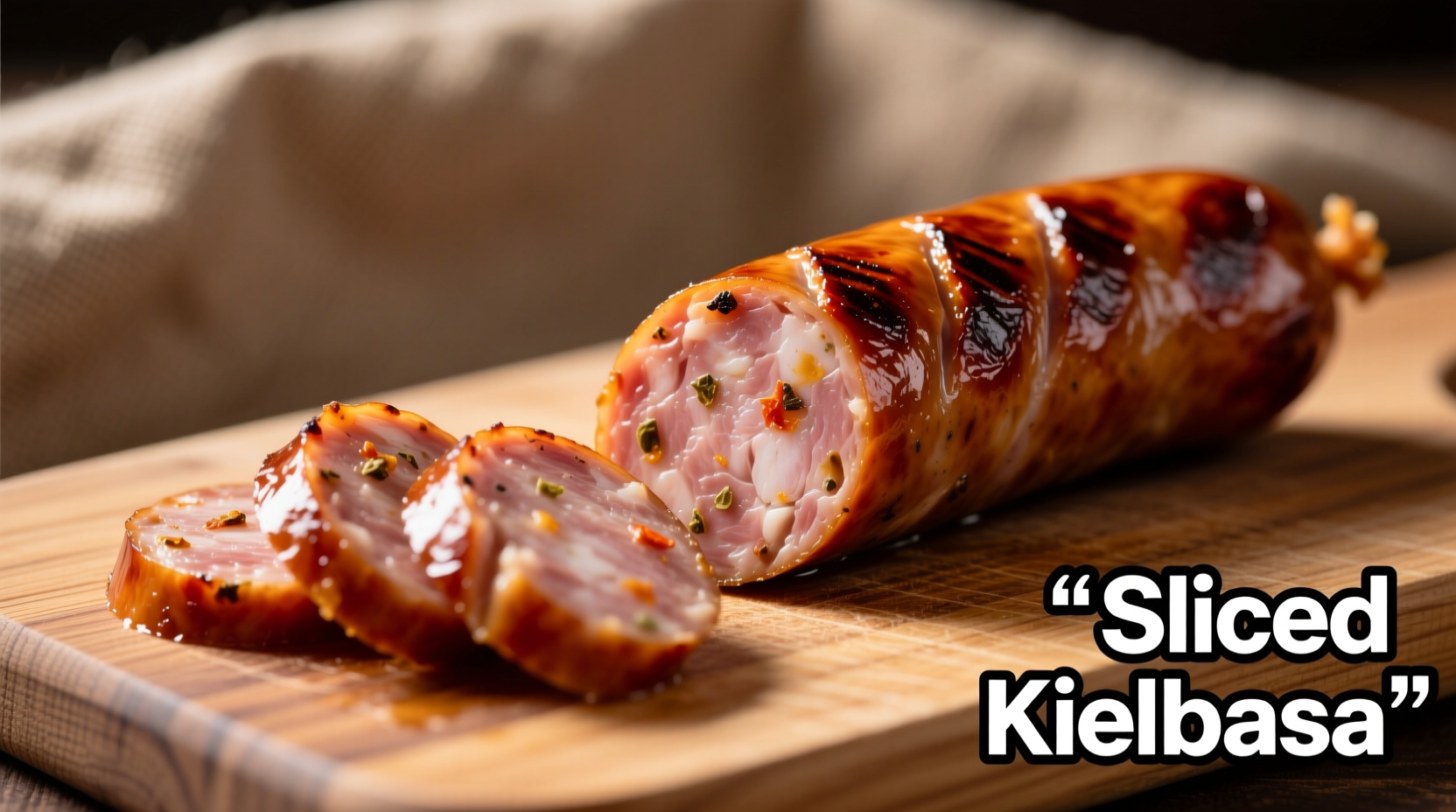 Sliced kielbasa with golden brown exterior