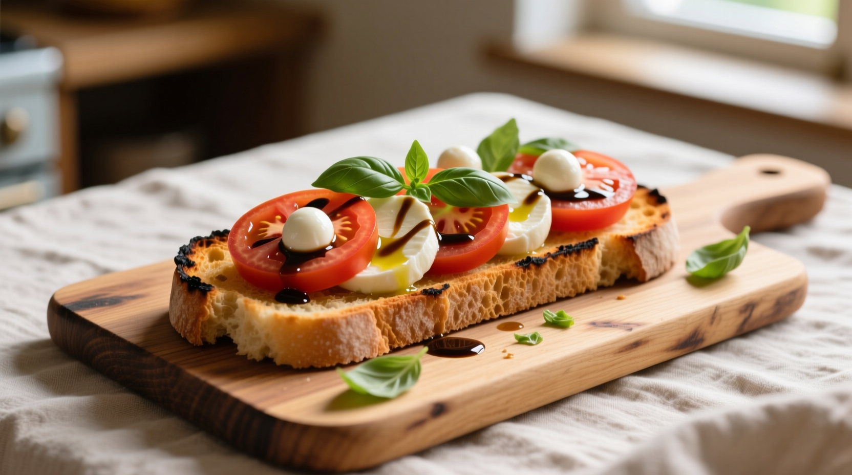 Fresh tomato mozzarella bruschetta on wooden board
