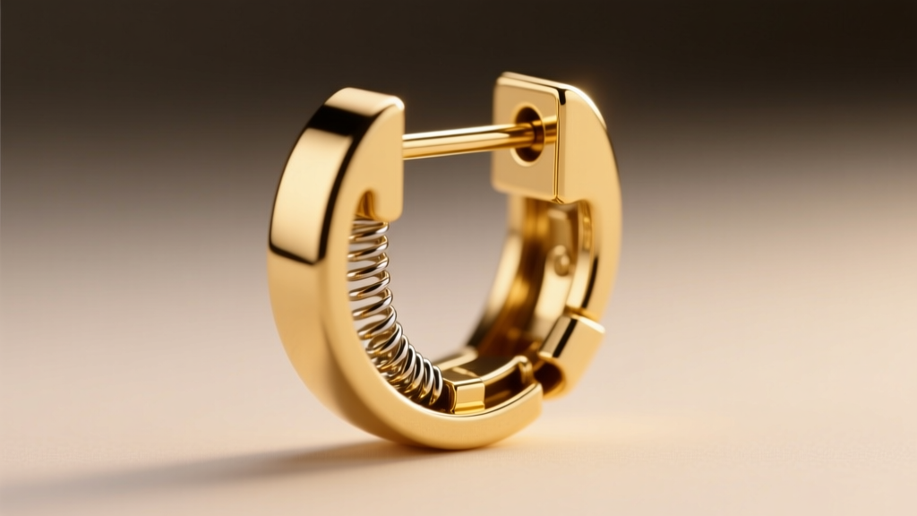 Close-up of a gold hinged clip-on earring hinge, showing the internal steel torsion spring and pin under soft studio light.