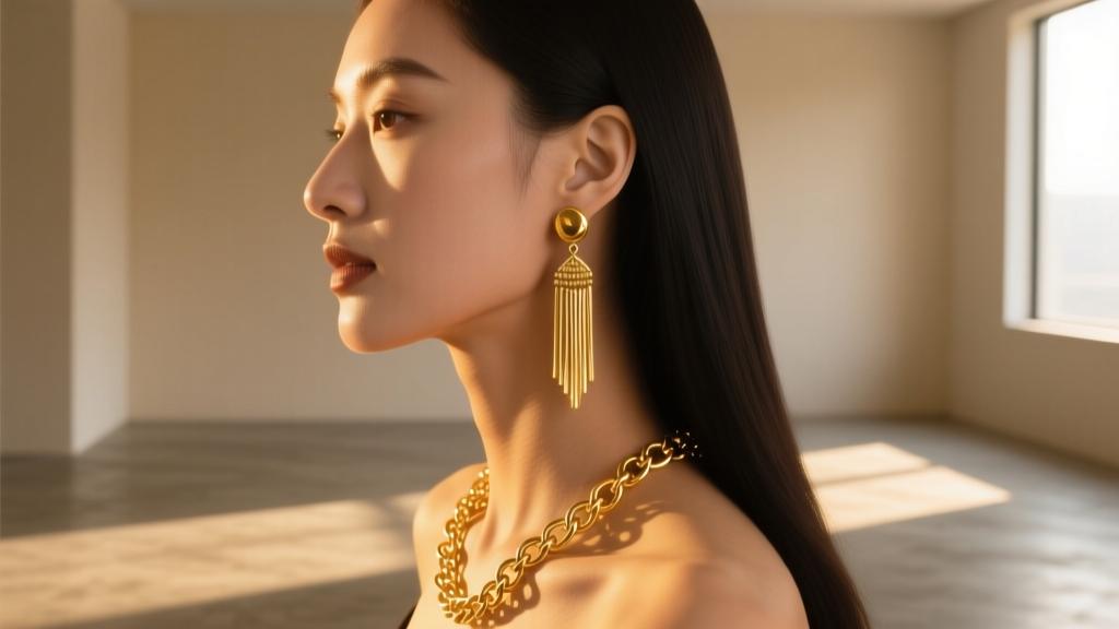 Side profile of a woman wearing a dramatic 14k gold chain tassel drop earring that brushes her collarbone, warm golden hour light