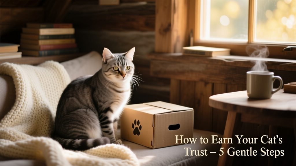 A calm cat sitting beside a quiet, cozy corner with a soft blanket and a small cardboard box