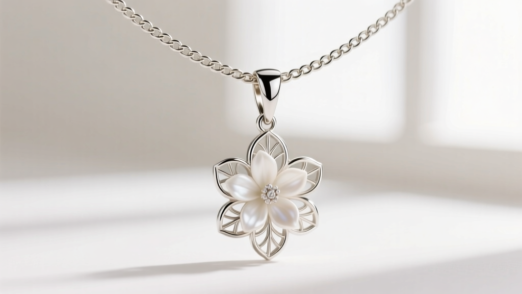 Close-up of a delicate 1.2mm Italian box chain threaded through a tapered bail on a white gold jasmine flower necklace pendant