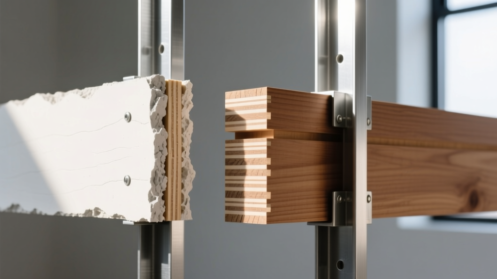 Cross-section comparison of half-inch gypsum board core and five-ply structural plywood sheet resting on metal framing studs