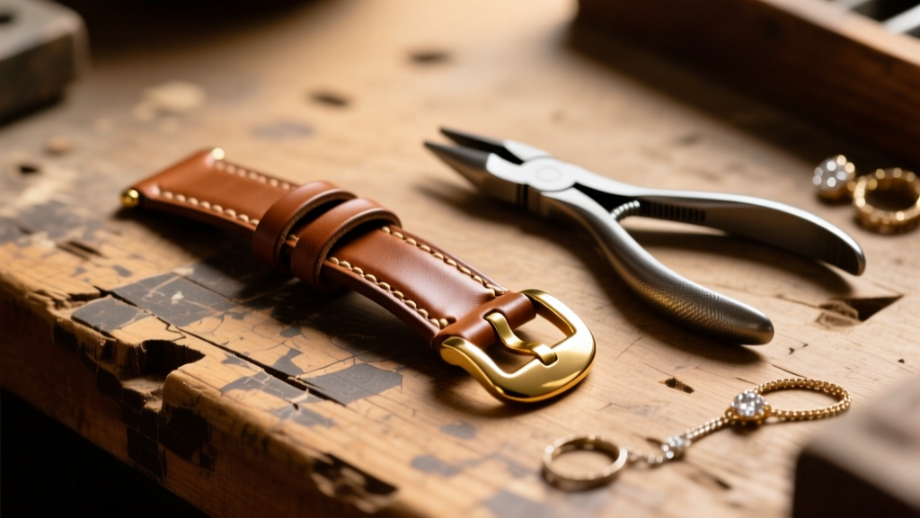Disassembled leather watch strap with a solid brass buckle and jewelry pliers on a scarred wooden workbench under warm lighting