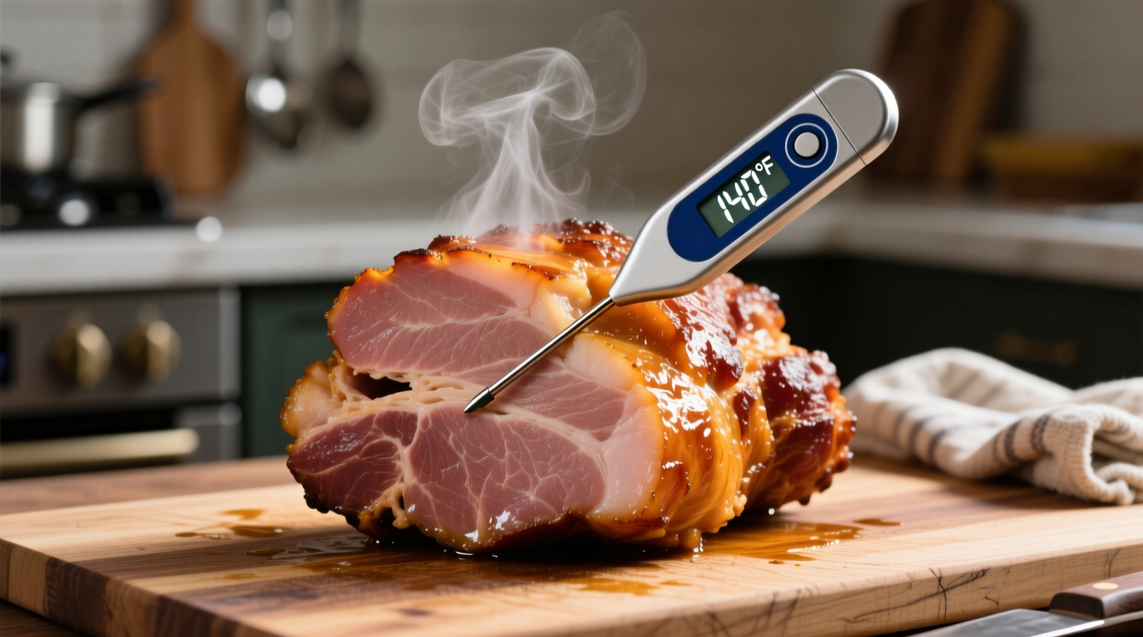 Digital thermometer showing 140 degrees in cooked ham