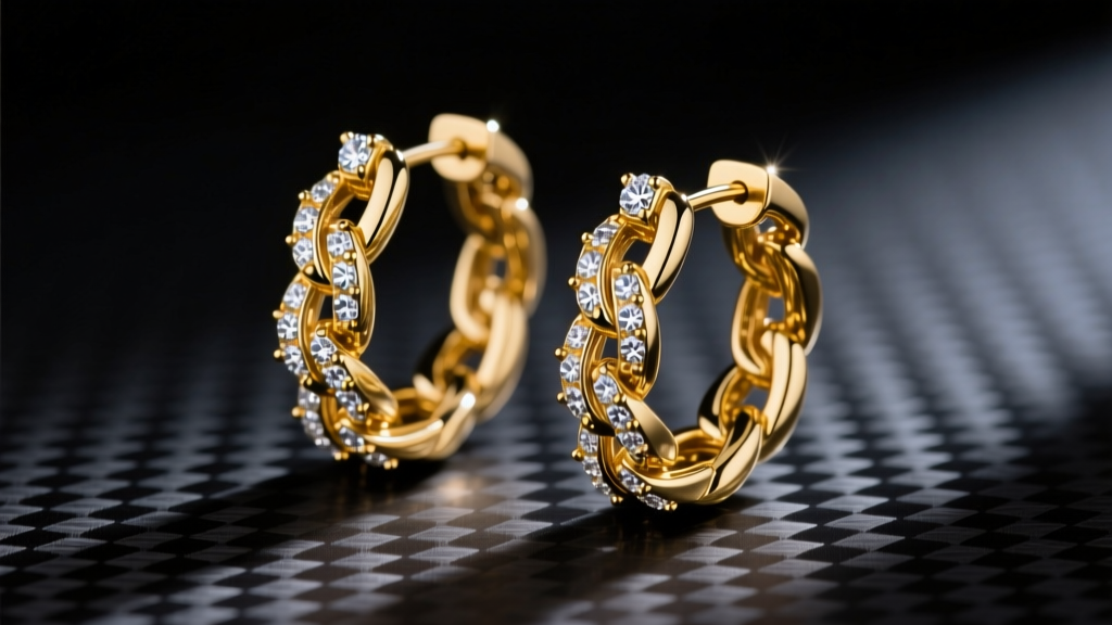 Heavy 14k gold Cuban link hoop earrings with pave moissanite resting on dark matte carbon fiber under moody studio lighting