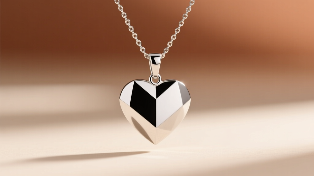 Modern geometric silver half heart pendant hanging elegantly on a delicate 0.9mm box chain against a blurred warm-toned background