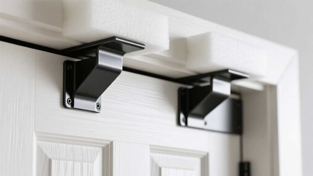 Close-up of steel over-door brackets with EVA foam padding resting on the top edge of a white painted wooden interior door