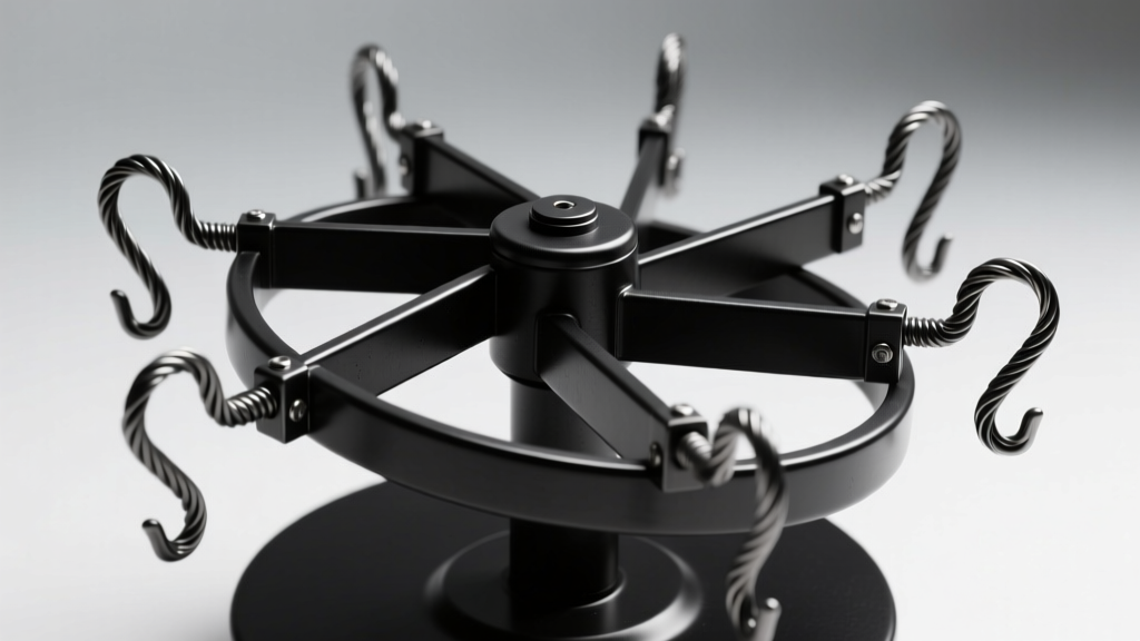 Black powder-coated steel spinning jewelry carousel with thick wire hooks, showing durable welds and a smooth matte finish