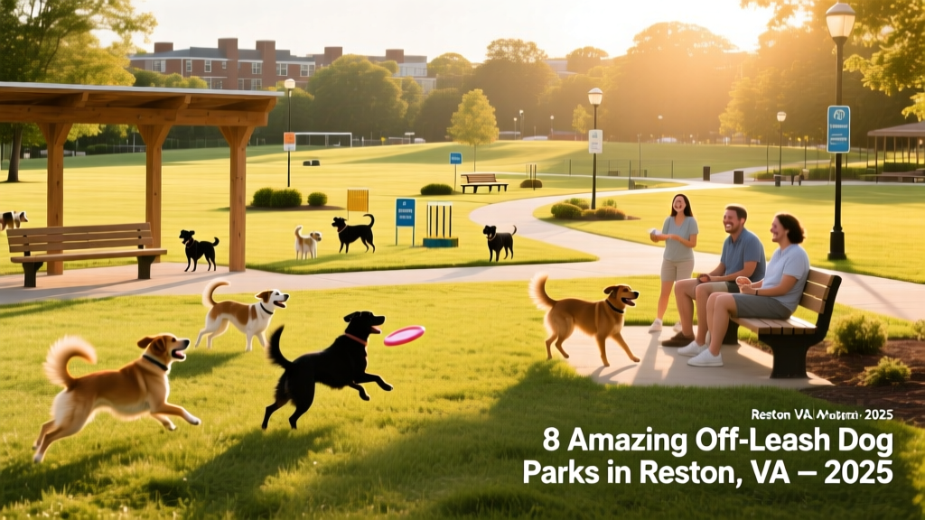 A sunny, spacious off-leash dog park with open grassy areas, shaded benches, and separate zones for small and large dogs